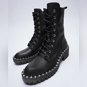 Zara Black Leather Military Lace Up Chunky Ankle Boots With Studs